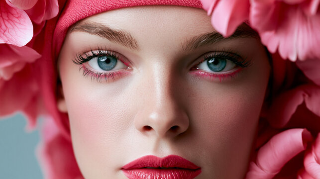 Frau mit blauen Augen blickt aus rosa Bl&uuml;tenbl&auml;ttern rund ums Gesicht hervor