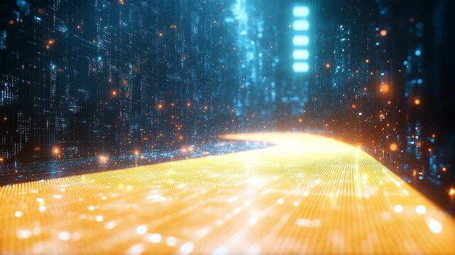 Futuristic digital data stream moving through a glowing cyber network. Abstract technology background for AI, cloud computing, server infrastructure and big data.