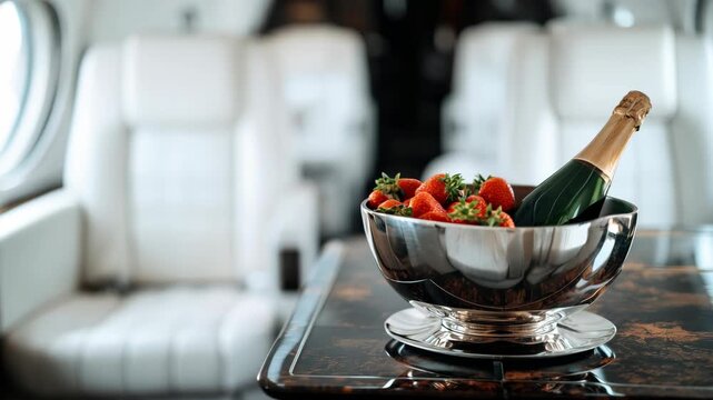 Luxurious champagne bottle and fresh strawberries in silver bowl inside private jet cabin. Premium lifestyle concept for elite travel and celebration atmosphere.