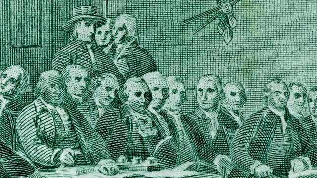 Members of the Continental Congress representing the different states. Fragment of the back side of the two-dollar bill with The process of signing the US Declaration of Independence July 4, 1776