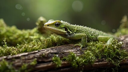 Fototapeta premium Small green lizard resting on a mossy tree branch with soft natural bokeh and cinematic moody lighting