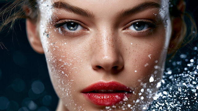 Frau mit roten Lippen und blauen Augen blickt durch funkelnde Wassertropfen, dunkler Hintergrund