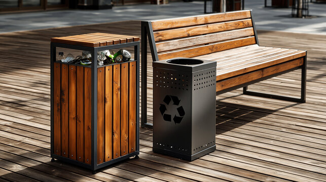 Recycling bin and trash can beside wooden bench on outdoor deck  