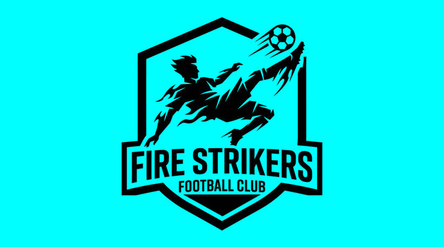 Professional football club logo design featuring a striker silhouette kicking a soccer ball.