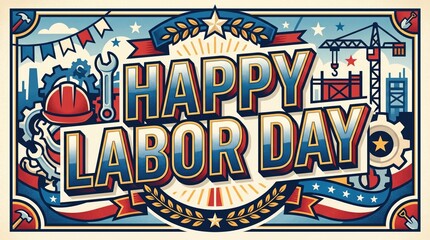 Fototapeta premium Happy canadian labour day greeting with construction elements