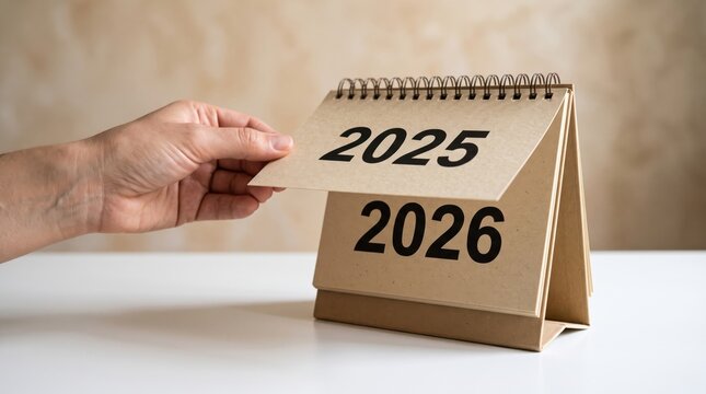 Hand flipping desk calendar from 2025 to 2026 pages