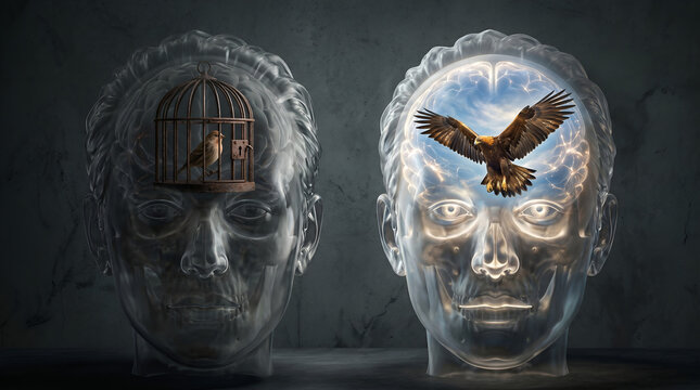 Conceptual Surreal Illustration of Two Human Heads Representing Mental Imprisonment and Psychological Freedom or Mindfulness