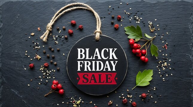 Black friday sale tag on slate background with spices and berries