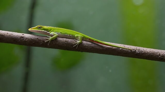 Green anole lizard resting on a brown twig in a lush tropical garden with soft natural bokeh light