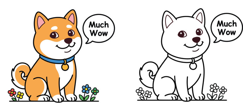 Cute Cartoon Shiba Inu Doge Puppy Much Wow Coloring Page and Colored Vector Illustration for Kids Activity and Meme Lovers