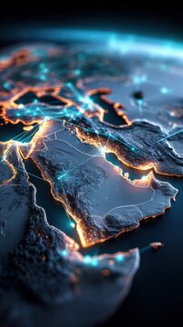 Global network of illuminated cities and transportation routes across a darkened continent. ..Created with Generative AI, not depicting real subjects.