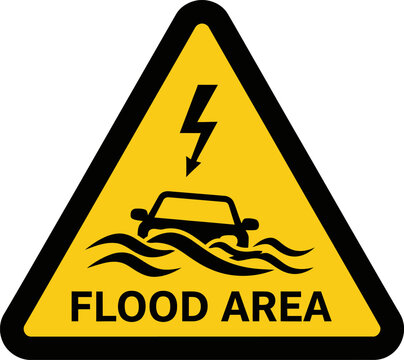 Warning sign indicates flood area with car and lightning storm