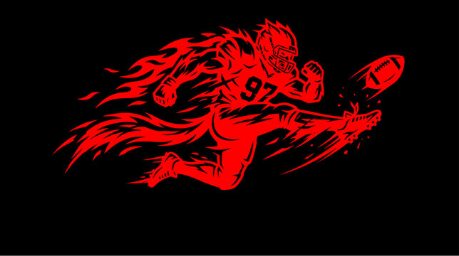 A dynamic illustration of a football player in mid-action, kicking a football with fiery red accents against a black background.