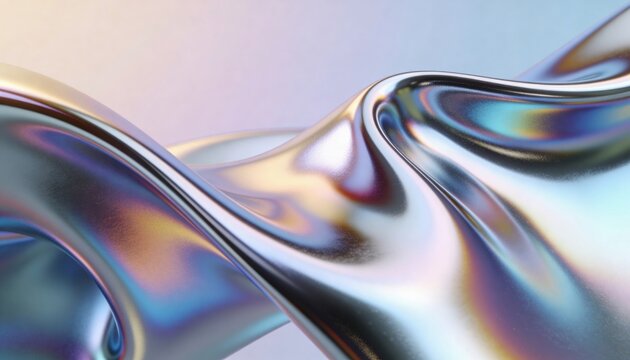 Abstract flowing iridescent chrome liquid metal surface with smooth holographic waves on soft gradient background seamless texture