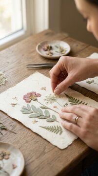 Woman hands carefully arranging pressed wildflowers and ferns on aged ivory handmade paper near window for botanical craft