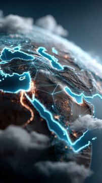 The glowing lines of global connectivity illuminate the earth, suggesting a vast network of communication and technology bridging continents. ..Created with Generative AI, not depicting real subjects.