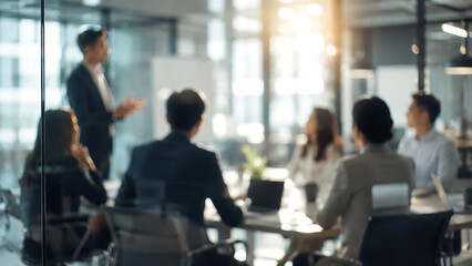 Fototapeta premium Business presentation in modern office, manager speaking to team around laptop, corporate strategy meeting, leadership, teamwork and professional collaboration.