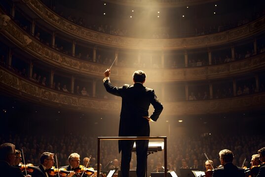 A symphony conductor raising the baton to begin a performance after a long silence imposed by hardship