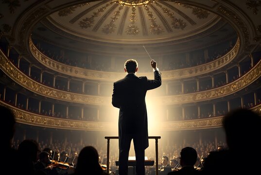 A symphony conductor raising the baton to begin a performance after a long silence imposed by hardship