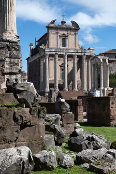 The ancient Temple of Antoninus and Faustina converted into the San Lorenzo in Miranda church at Forum Romanum in Rome, Italy