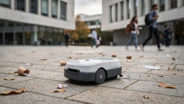 Compact robot sweeper moves steadily through campus courtyard litter the device in sharp focus contrasted by softly muted buildings and walking pedestrians.