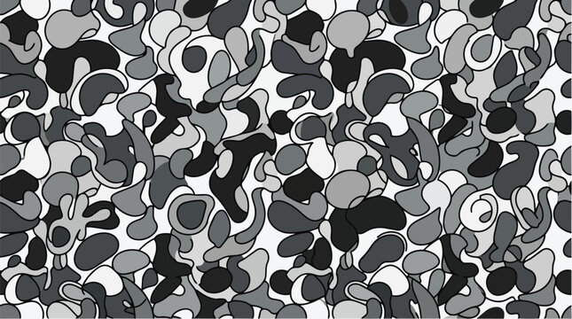 Black and gray shapes create a seamless pattern on a white background