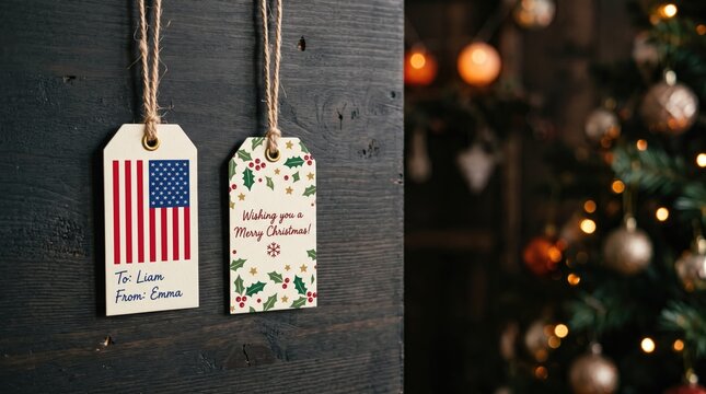 Christmas gift tags with american flag and holiday greetings on wooden background