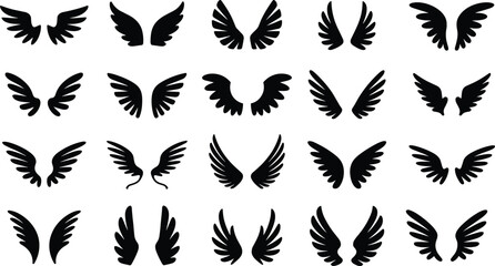 Obraz premium Collection of black silhouette angel wings in various styles and sizes white background