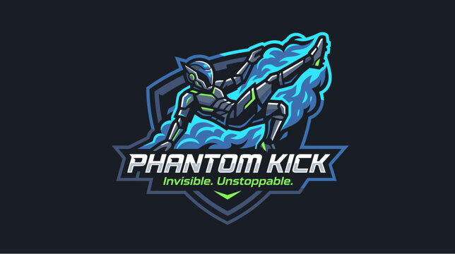 Dynamic esports logo featuring a futuristic warrior performing a powerful kick, surrounded by blue energy and smoke, with the text "Phantom Kick".