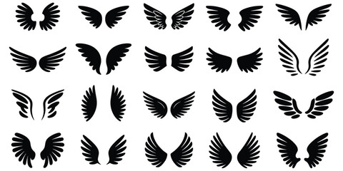 Collection of diverse black wing silhouettes in various styles and sizes on white wings feather © MST Hasina