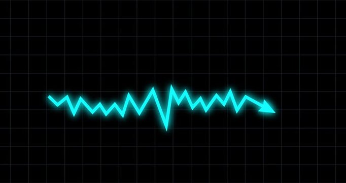 Chart arrow irregular still goes up and down blue glow on black screen. Graph rising fast. Business cartoon animation. Economy metaphor on white simple grid background.
