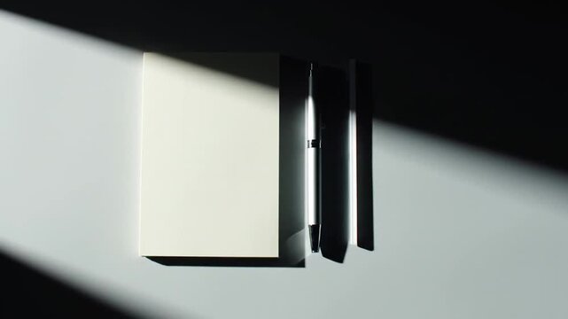 Minimalist top-down view of blank white notepad and silver pen on flat grey surface with harsh diagonal shadows, providing high-contrast stationery layout for design mockup.