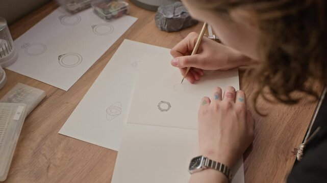 Over shoulder shot of young adult Caucasian woman sketching jewelry designs on paper at wooden desk. Footage for jewelry brand promotions, craftsmanship documentaries, and creative design courses