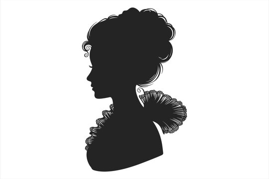 Elegant silhouette of a woman with an elaborate updo and ruffled collar Keywords: silhouette, woman, female, profile, elegant