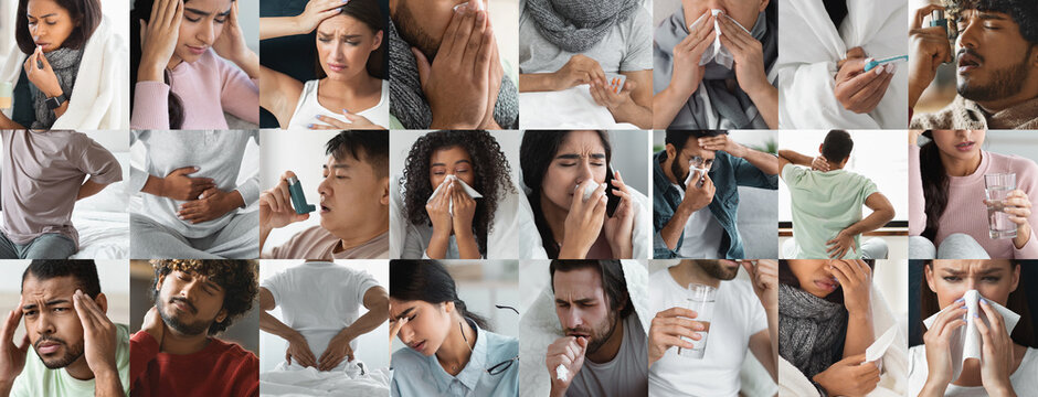 Concerned Faces Of Diverse Individuals, Including Men And Women, Showing Various Symptoms Of Illness In Different Settings Such As Home And Clinic, Reflecting Healthcare Concept.