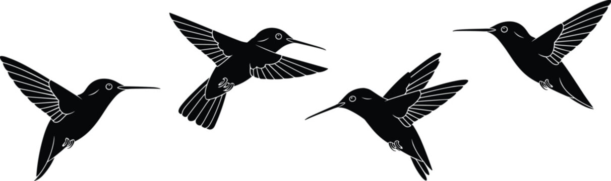Four black silhouettes of hummingbirds in flight with detailed wings and beaks on white flying