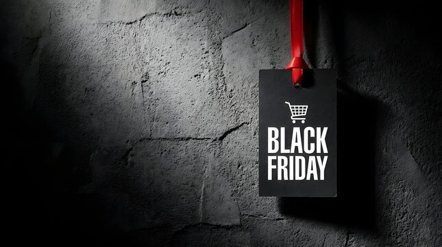 Black friday sale tag hanging on textured concrete wall with dramatic lighting