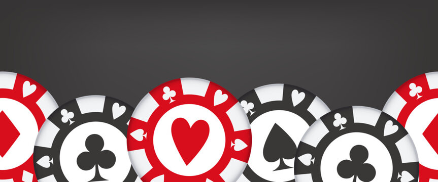 Playing chips with card suits. Vector seamless 3D border.