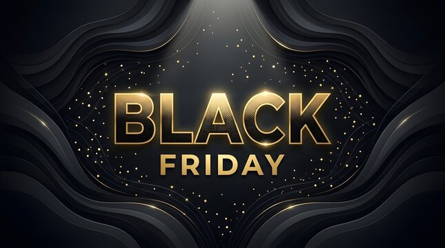 Black friday sale banner with gold typography and layered abstract design