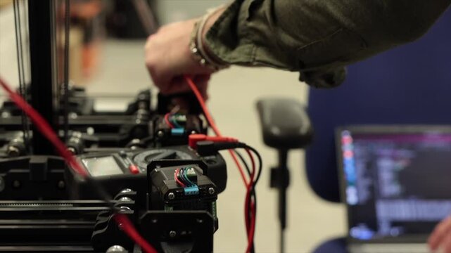 giovane ingegnere che esegue dei controlli e delle misurazioni su degli apparecchi robotici all'interno di una struttura, vista dettagliata 