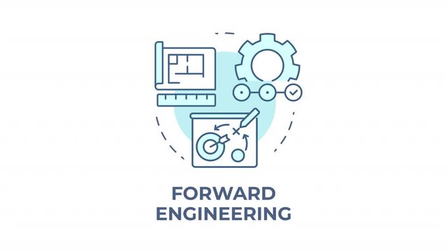 Forward engineering blue concept icon animation. Software architecture planning. Product development strategies. Workflow structure. Cyan circular animated abstract idea. HD video with alpha channel