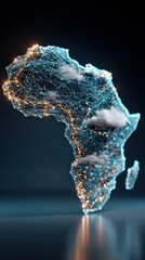 Fototapeta premium Map of Africa depicted as a futuristic digital network, glowing with interconnected lights and clouds. ..Created with Generative AI, not depicting real subjects.