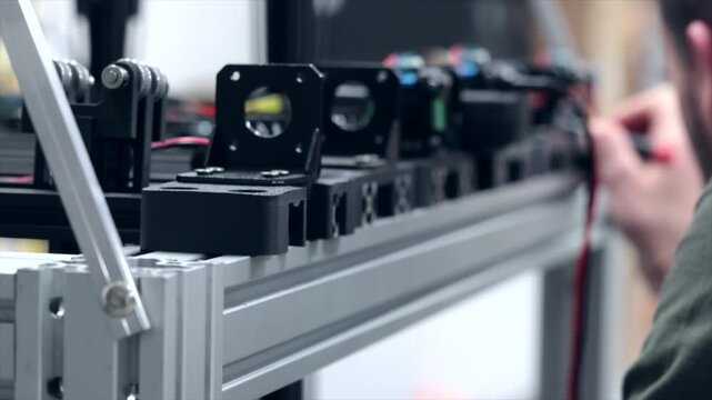 giovane ingegnere che esegue dei controlli e delle misurazioni su degli apparecchi robotici all'interno di una struttura, vista dettagliata 