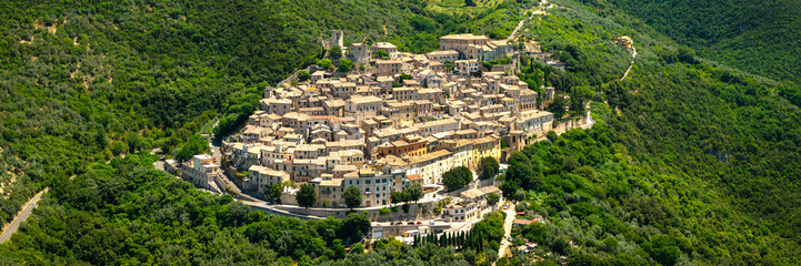 Fototapeta premium Roccantica Rieti Italy Drone panorama. Cascade houses of medieval borgo townscape isolated among dense green hills no sky scenery. Authentic italian village Old World charm architecture