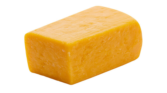 Sharp cheddar cheese block with textured surface, isolated on transparent background