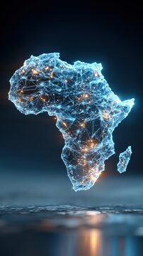 Abstract digital map of Africa, showing a glowing network of interconnected lines and bright lights representing cities and data flow. ..Created with Generative AI, not depicting real subjects.