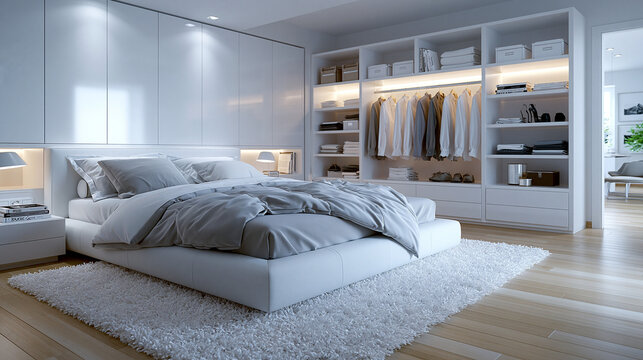 Doppelbett steht in modernem Schlafzimmer vor offenem Kleiderschrank mit Holzboden