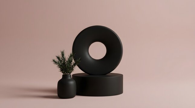 Minimalist still life with black torus sculpture and fern in vase