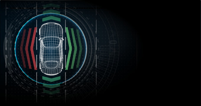 Car outline with colored signals in a digital display showing direction and lights during a simulation at night