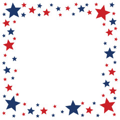 Obraz premium USA Patriotic Stars Frame on White Background, Red and Blue American Star Confetti Border, Minimal Vector Decoration for Independence Day, Fourth of July and 250 Anniversary Celebration